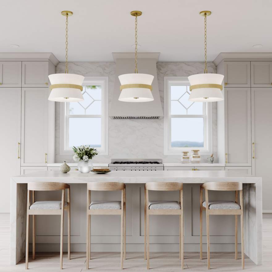 Vintage Brass Pendant Light with White Fabric Shade